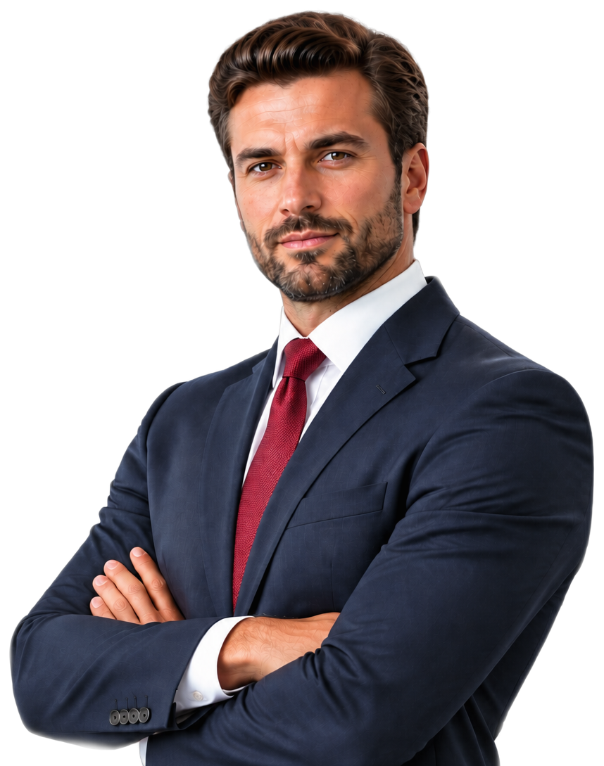 An attorney in a navy suit, arms crossed, representing a personal injury law firm